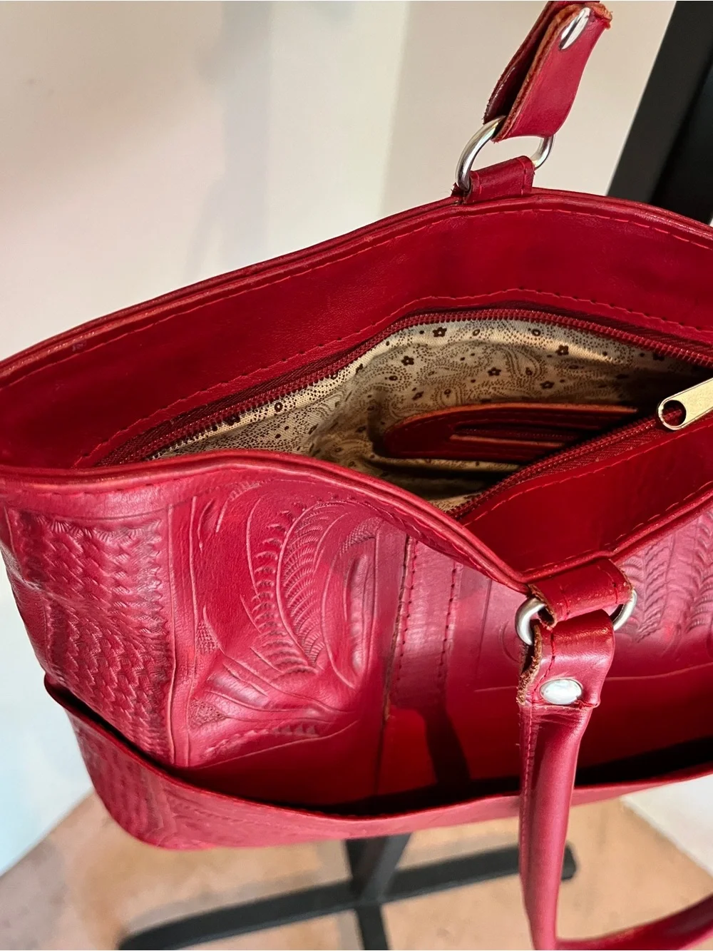 Vintage Red Embossed Leather Shoulder Tote